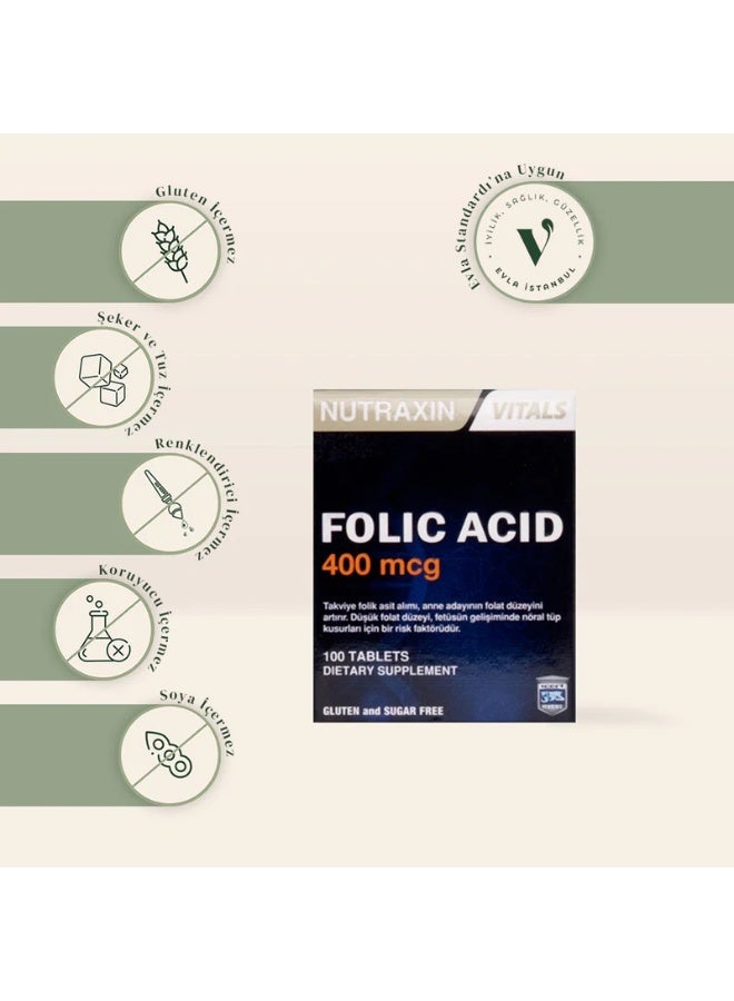 Nutraxin Vitals Folic Acid 400Mcg, Essential Nutrient for Wellness & Support, 100 Tablets - Image 5